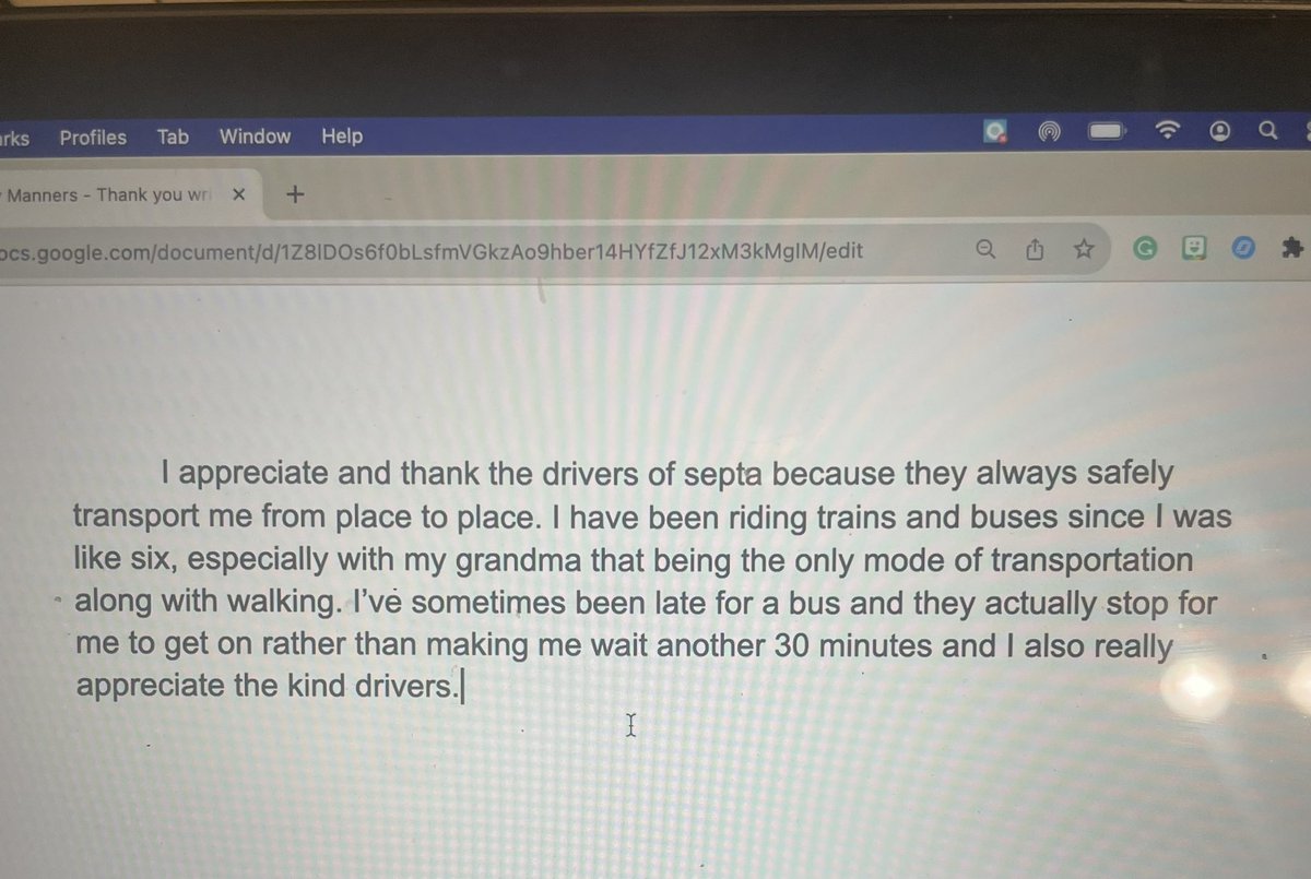 MrsMEStevens's tweet photo. @SEPTA @SEPTAPHILLY @SEPTA_SOCIAL @PHLschools this week we were asked to thank various groups for the upcoming American Education Week. One of my students didn’t want to make a video, but sent me this: https://t.co/D1j5FjT0sg