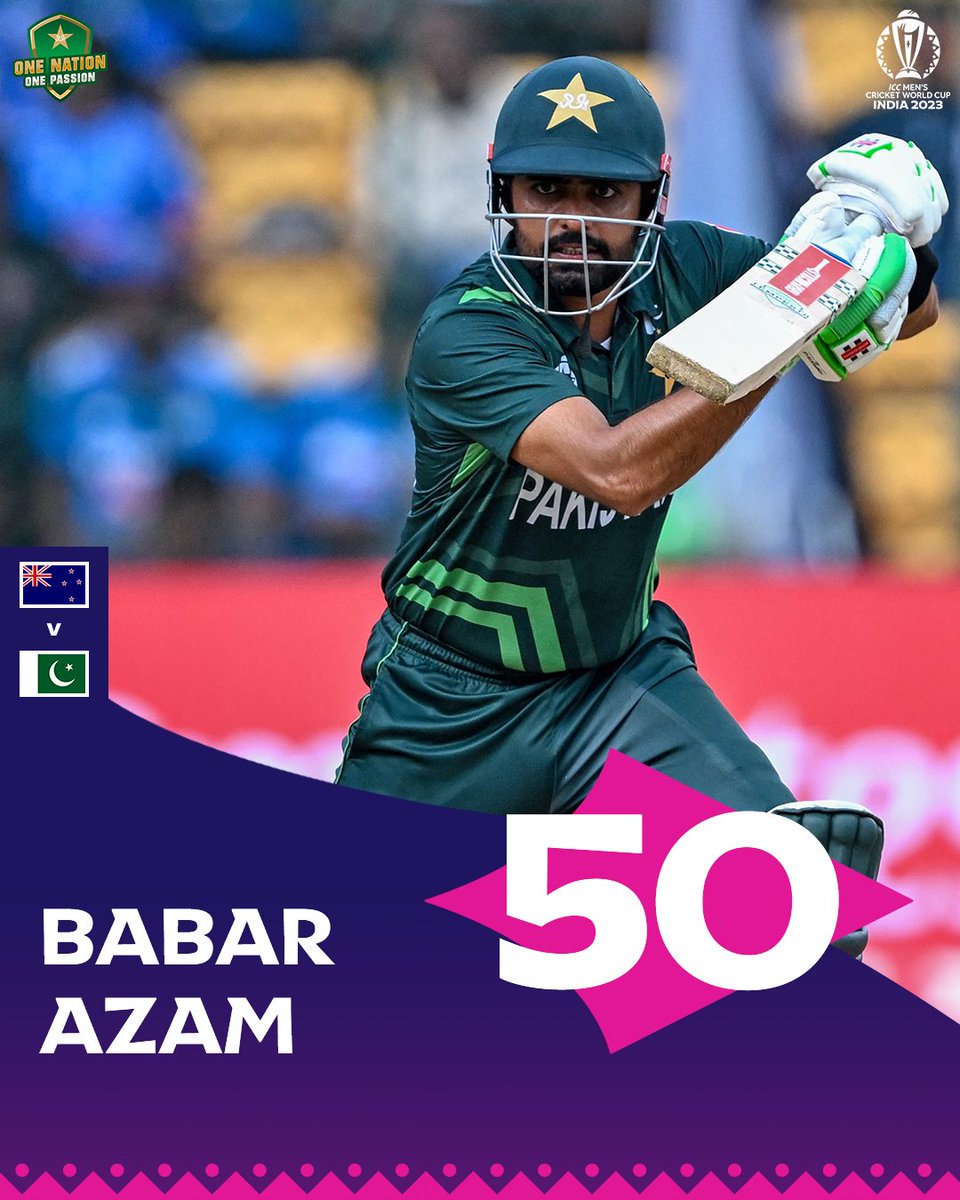 TheRealPCB's tweet photo. A boundary after the break to get skipper @babarazam258 to his 32nd ODI half-century 👏

#NZvPAK | #CWC23 | #DattKePakistani https://t.co/P3DX3apYra