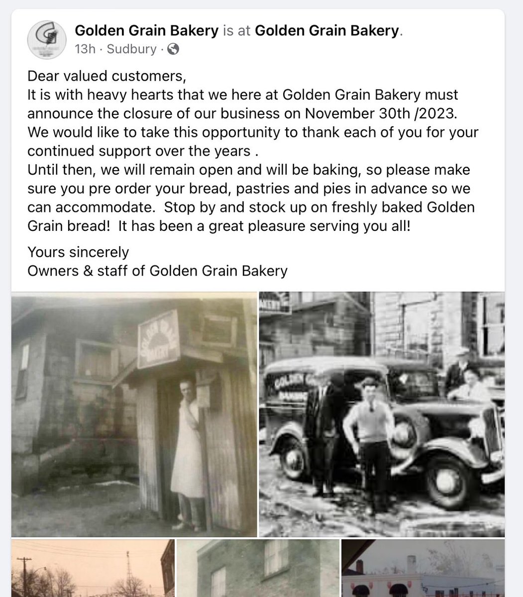 Sudbury’s Golden Grain Bakery has announced they will be closing at the end of the month. 

I guess our consumption of 🍞🥖🥧 will have to increase for the next few weeks as we say goodbye.