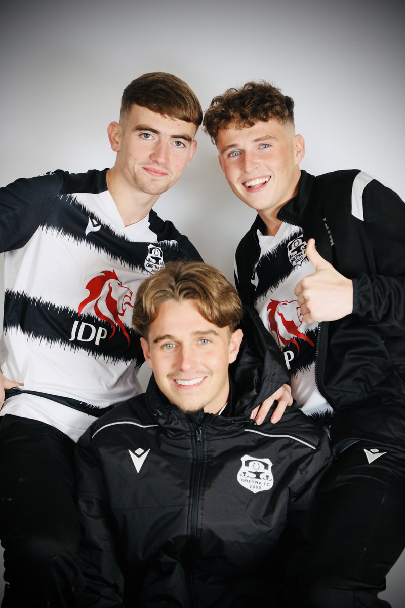 We’re at @gretnafc2008 today doing first team photography - Lewis Bell, Alex Potts and Jamie Armstrong giving boy band energy ahead of their tie with Broomhill FC!