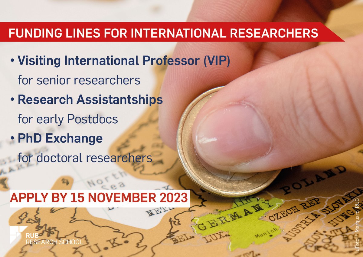🌎 ✈️Spread the word! Mobility grants to visit <a href="/ruhrunibochum/">Ruhr-Universität Bochum</a> for international doctoral researchers research-school.rub.de/phd-exchange, early postdocs research-school.rub.de/research-assis… and professors research-school.rub.de/doctoral-resea…  Application deadline for all incoming funding lines is November 15 #UARuhr