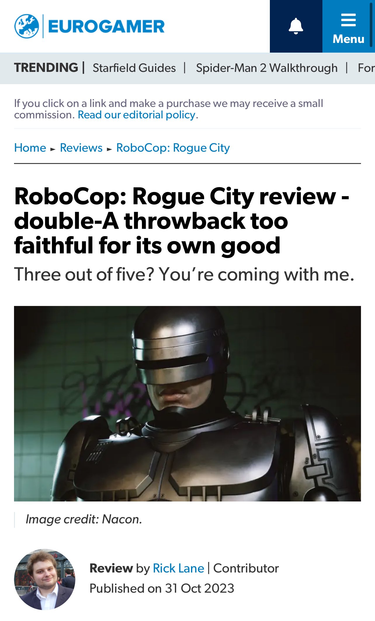 Jay Dook on X: Eurogamer is mad because RoboCop: Rogue City isn't