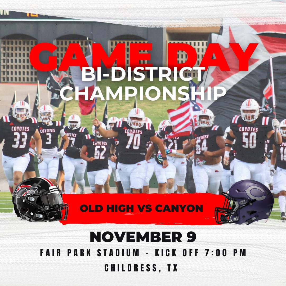 Coyote Football has clinched a trip to the playoffs! Let’s pack the stands in Childress TX and support THE HIGH SCHOOL! #AGNB #CodeRed

More information will be sent out soon!