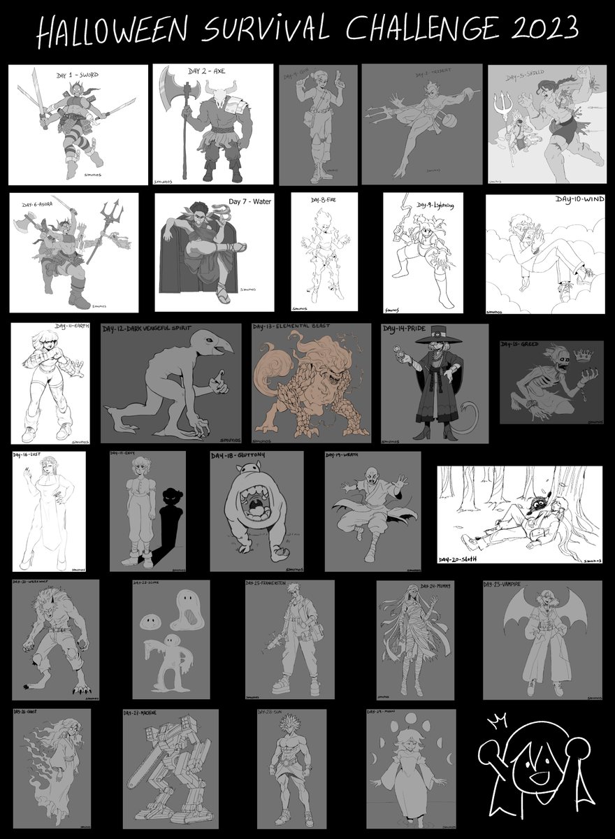 Smunos_'s tweet photo. I completed my first inktober challenge, the #ArtoberSurvivors hosted by @Overlord_JC. It was a lot of fun. 

A thread of all the drawings I did during October. https://t.co/rSRhrkdkYF