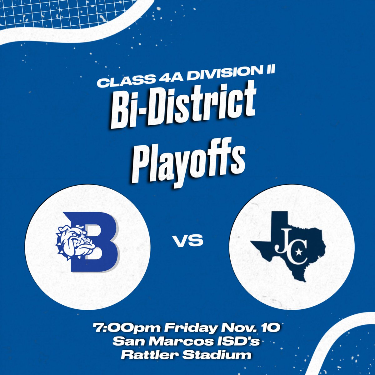 PLAYOFF ANNOUNCEMENT:

This Friday, we will play Jarrell at San Marcos ISD’s Rattler Stadium. Kick off will be at 7 pm. More info to come!

Geaux bulldogs! #1-0 #WeAreOne