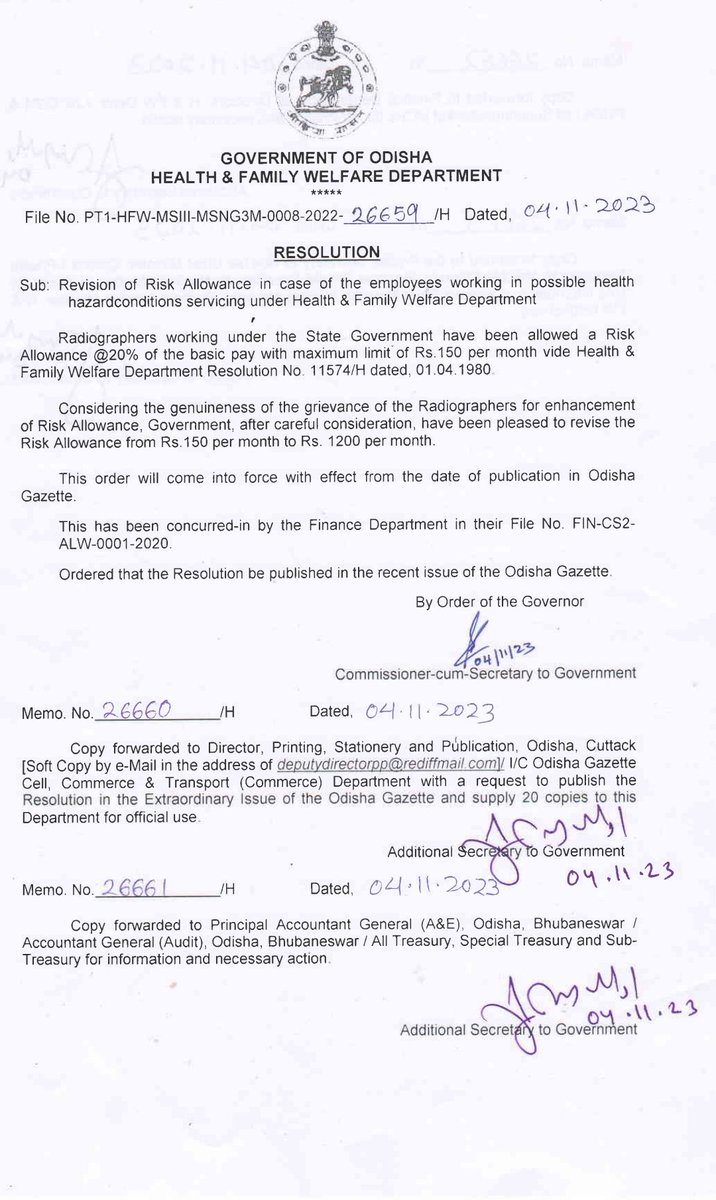 HFWOdisha's tweet photo. After careful consideration, #Odisha Government is pleased to revise the risk allowance for Radiographers working under @HFWOdisha from Rs 150 per month to Rs 1200 per month. #OdishaCares https://t.co/QcQs4dUOvS