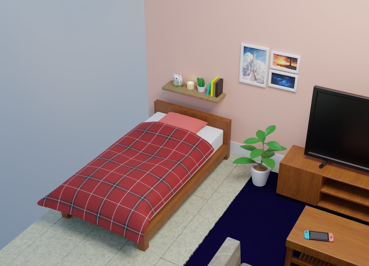 yoshi3dcougs's tweet image. I&apos;m collaborating with @kiyo3dcougs on this Blender project. Added a rug and completed the room. Our goal is to license our characters and pursue a business. Your support means a lot to us! #Blender #BlenderBeginner #b3d #3D