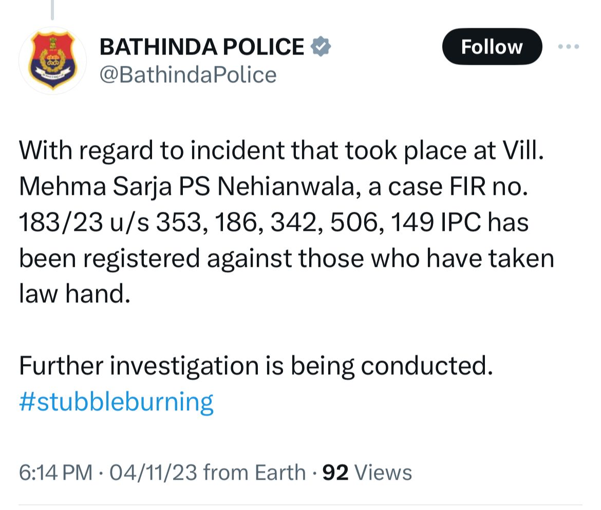 HarpinderTohra's tweet photo. सरकारी अधिकारी को पराली जलाने पर मजबूर करने वालों पर #bathindapolice ने केस दर्ज किया।
#stubbleburning https://t.co/uqAE8ArgHh