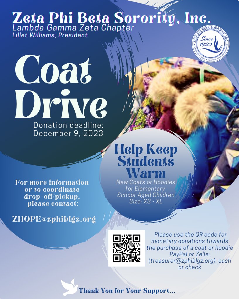 zphib_lgz's tweet photo. Keep students warm this winter by donating a new coat or hoodie. Please see the flyer for details! Thank you in advance for your support!
#LGZHoCo #ZPhiBMD #ZetaPhiBeta #ZHOPE https://t.co/iO5Pridohv