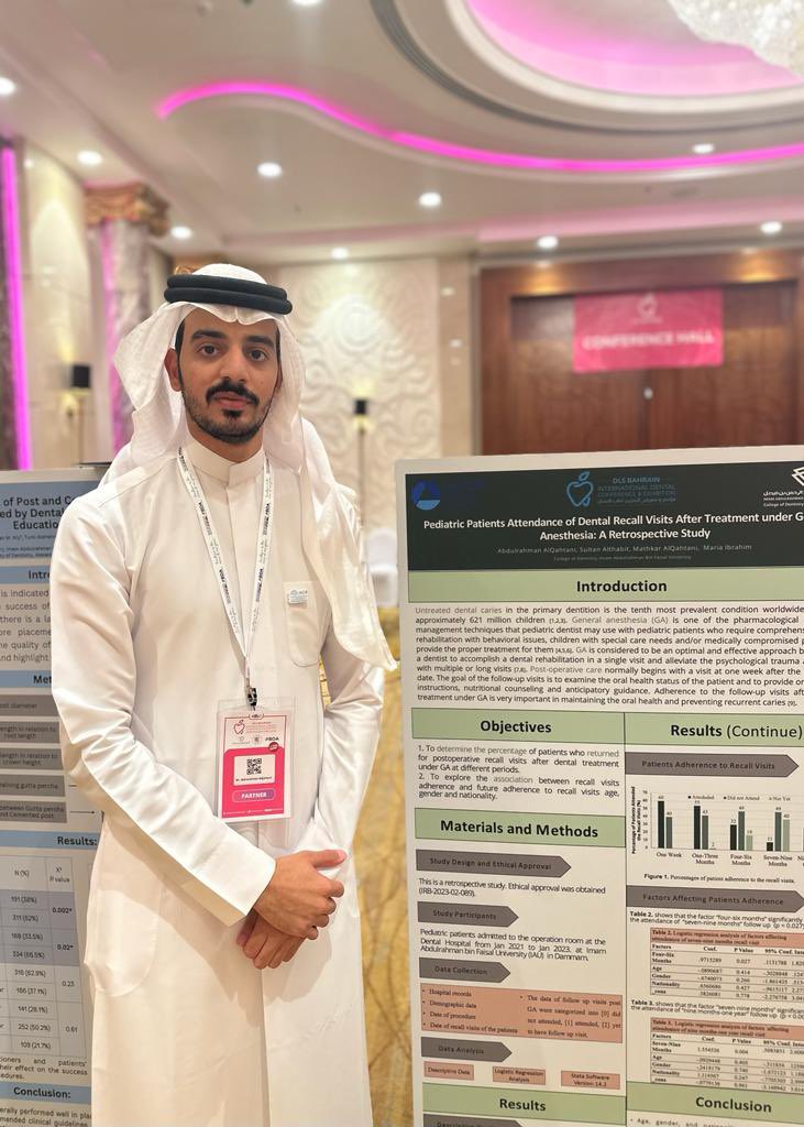 IAUdent's tweet photo. د. عبدالرحمن القحطاني بإشراف د.ماريا ابراهيم
Pediatric Patients Attendance of Dental Recall Visits After Treatment under General Anesthesia

د. رزان الغامدي بإشراف د. عبدالرحمن بالحداد، د. ماريا إبراهيم، د. ليلى الدحيلان
The Effect of Erosive/Abrasive Challenges on Enamel Topography Modulated by Different Toothpastes: An In Vitro study

د. رند الطيار بإشراف د. بسنت اللقاني
Assessment of Post and Core Placement Errors Encountered by Dental Students in Different Educational Levels

د. فاطمة العطية بإشراف د. حيدر العلوي
Comparative evolution of mechanical properties of recycled CAD/CAM zirconia

#DLSBahrain
#طب_الأسنان
#جامعة_الامام_عبدالرحمن_بن_فيصل