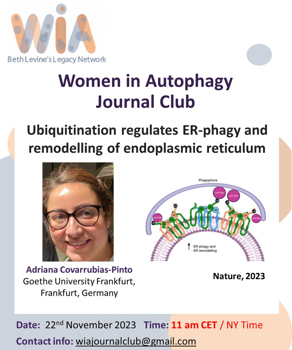 Journal Club of Adriana Covarrubias-Pinto 'Ubiquination regulates ER-phagy remodelling of endoplasmic reticulum'. 22th November 2023 at 11 am CET. We look forward to seeing many of you to discuss this topic together.