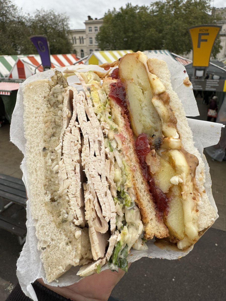 Ho-Ho-Hodega by Bodega, Norwich Market 🎄 
Why settle for a supermarket Christmas sandwich when you could be eating this? 
• ROAST TURKEY BREAST
• SAGE &amp; ONION STUFFING
• BRUSSEL SPROUT SLAW
• MELBA TOAST
• SMASHED GARLIC &amp; ROSEMARY POTATOES
• BRIE &amp; CHRISTMAS PUDDING MAYO