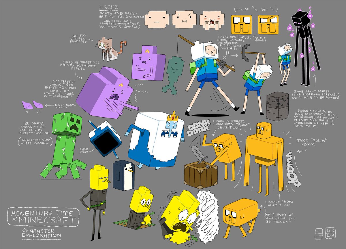 torpordust's tweet image. i thought i lost these!!!! but just found them today. here's some of the vis dev i did for the adventure time x minecraft episode.... 7 years ago.... 👴