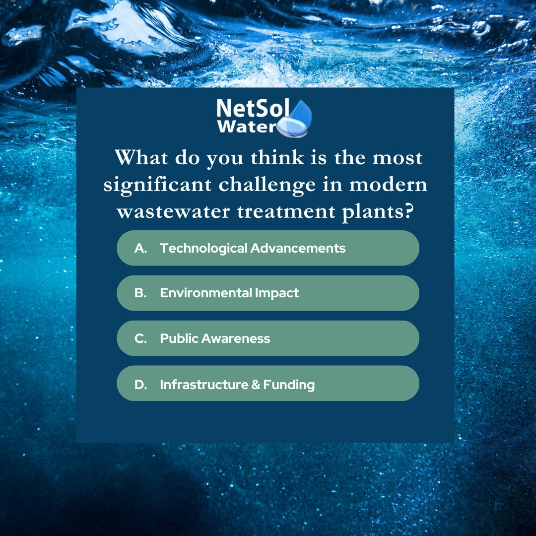 What do you think is the most significant challenge in modern wastewater treatment plants?💧

Cast your votes, share your expertise, and invite your connections to participate. 💬✨

#WastewaterTreatment #NetsolWater #linkedinpoll #EnvironmentalInnovation #SustainableSolutions