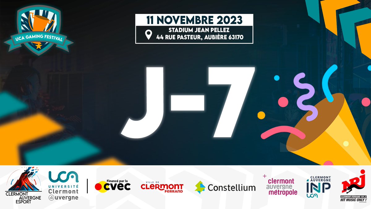 J-7️⃣ avant l'UCA Gaming Festival !

L'UCA Gaming Festival, c'est dans une semaine ! 🤩
N'oubliez pas de prendre vos places ! (gratuites mais obligatoire pour assister à l'événement)

La billetterie, c'est par ici ➡️ my.weezevent.com/uca-gaming-fes…

 #UCAgamingfestival #esport