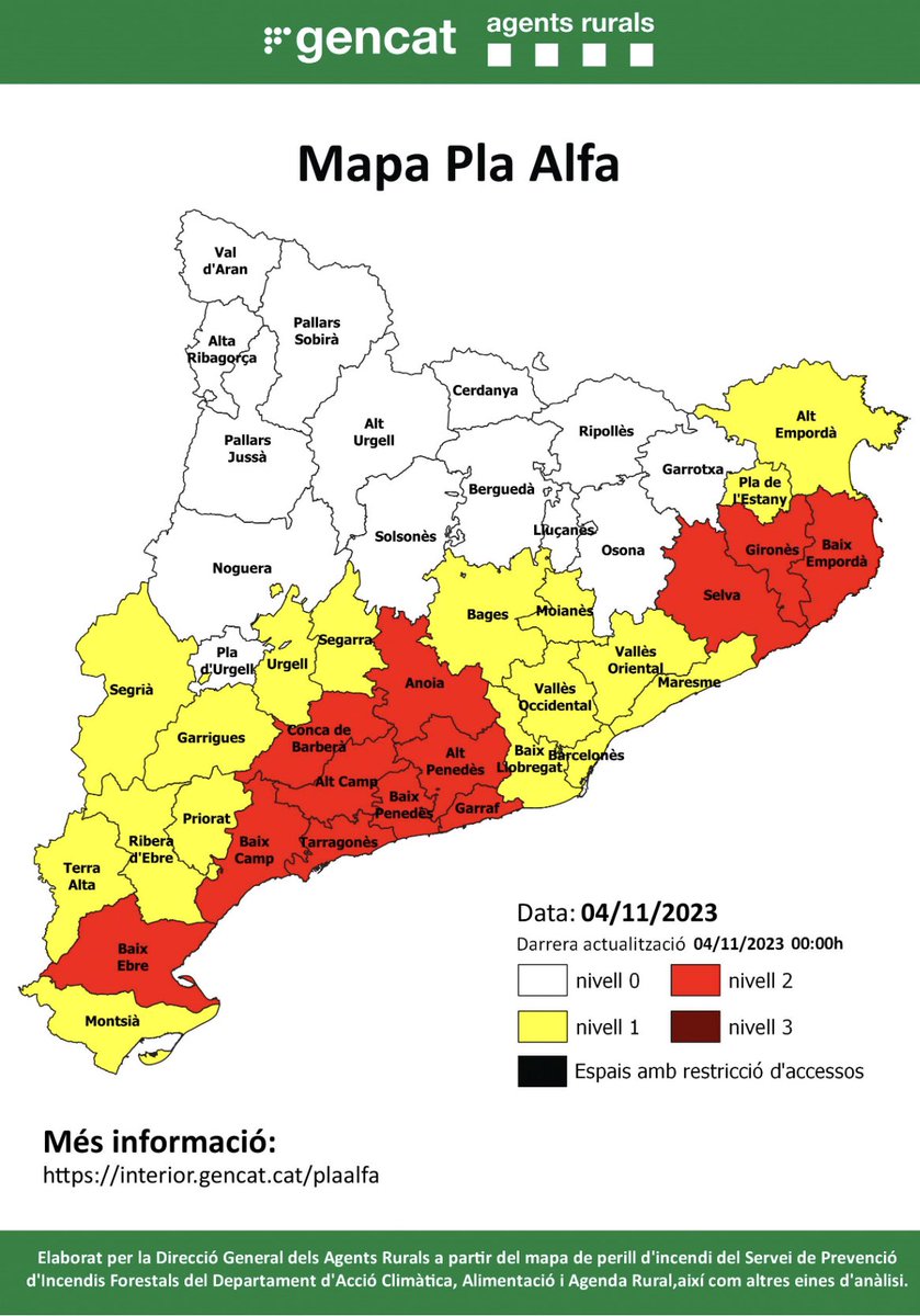 cgavarres's tweet photo. 📣 Aquest és el mapa del #PlaAlfa previst per avui

Activat el nivell 2️⃣ al #BaixEmpordà i #Gironès #Gavarres 

🚫Extremeu les precaucions i eviteu les activitats que puguin ocasionar un incendi forestal

☎️Si veieu fum truqueu al 112

👀Actualització👉 https://t.co/Jvwj16MaO9 https://t.co/7oCJQOAmbs
