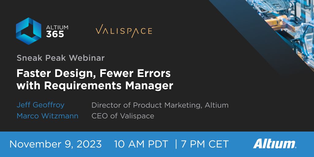 Join our experts to learn how you can develop products faster with fewer errors with the Altium 365 + <a href="/vali_space/">Valispace</a> Integration Webinar.

Date: November 9, 2023 ⏰ Time: 10 AM PDT / 7 PM CET 📍 

Register Now: 

bit.ly/46Tlkxt 

#ElectronicDesign #PCB #Technology