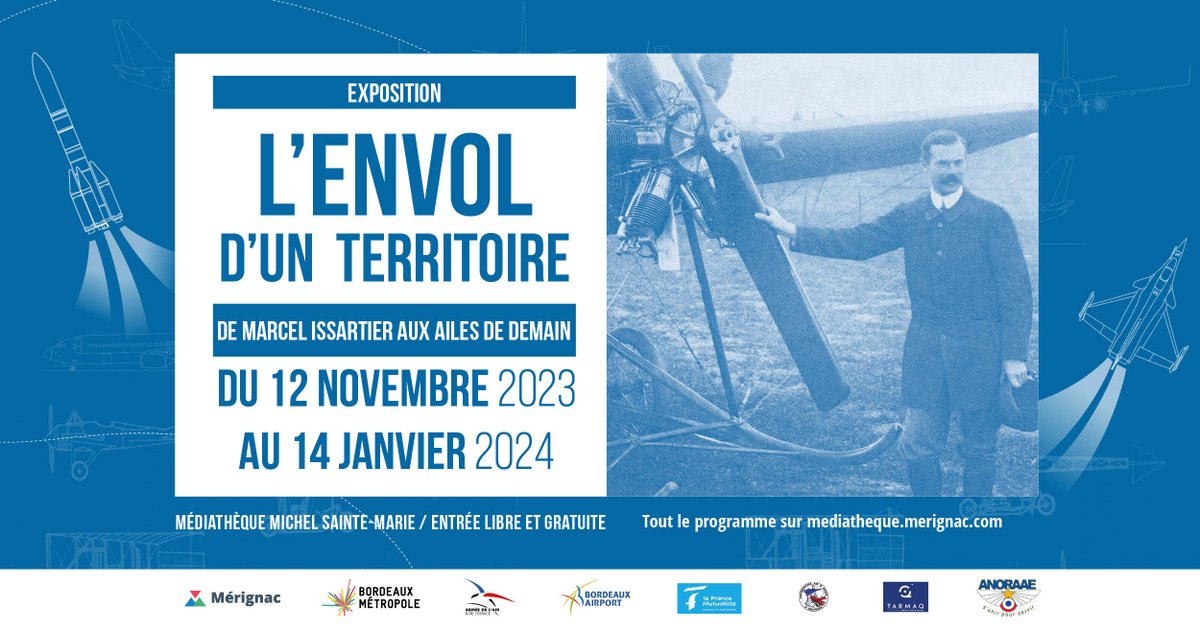 merignac's tweet photo. 🌁 #Exposition 📷

Du 12 novembre 2023 au 14 janvier 2024, découvrez la toute nouvelle exposition de la Médiathèque Michel Sainte-Marie  : « L’envol d'un territoire, de Marcel Issartier aux ailes de demain » ✈️

Plus d'infos sur 👇
https://t.co/HWcN2XKFvG https://t.co/xZNscUWIwr
