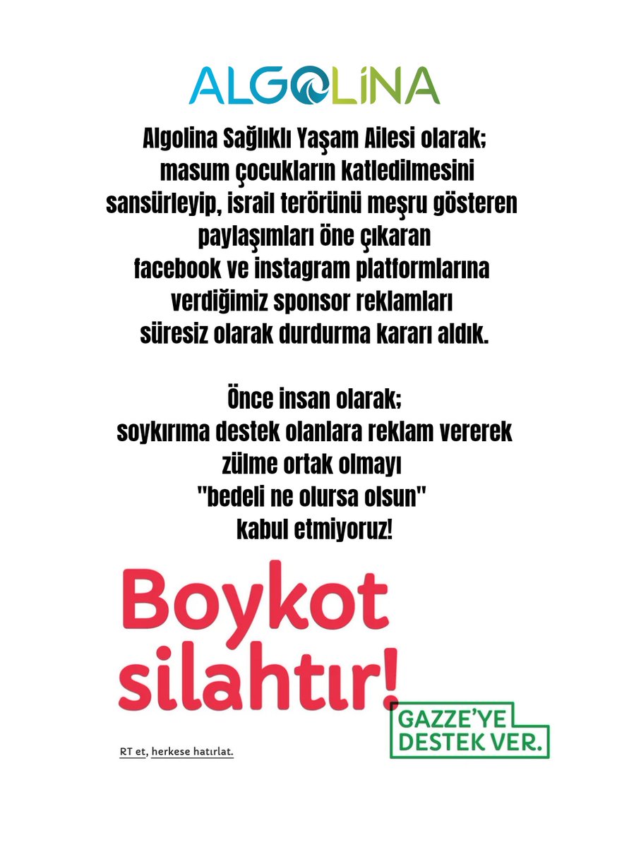 Masum çocukların katledilmesini sansürleyip, israil terörü paylaşımlarını öne çıkaran facebook ve instagram'a verdiğimiz sponsor reklamları süresiz olarak durdurma kararı aldık. Soykırıma destek olanlara reklam vererek zülme ortak olmayı "bedeli ne olursa olsun" 
kabul etmiyoruz!
