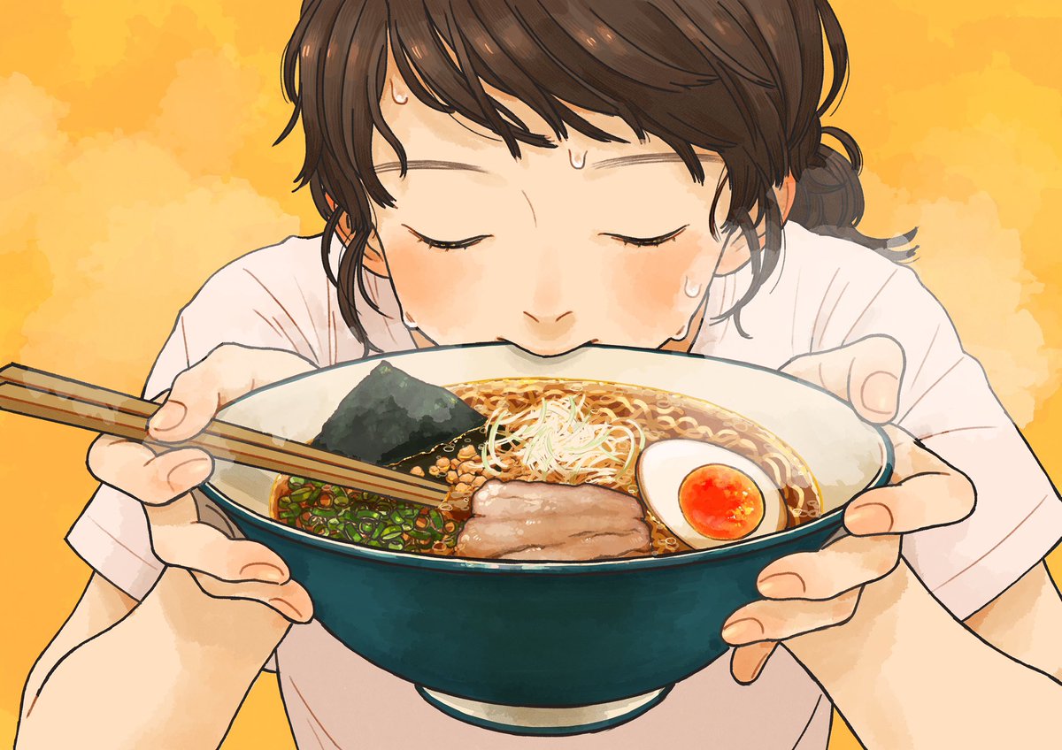 1girl food solo bowl noodles shirt closed eyes  illustration images