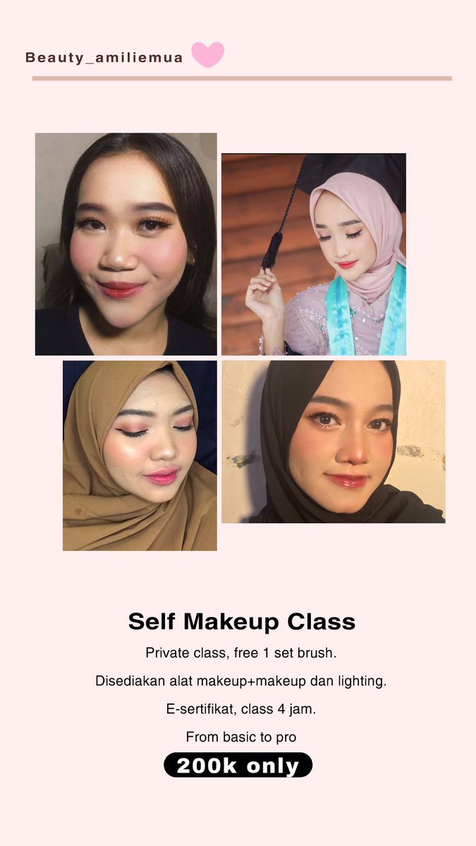 ameliamlda_'s tweet image. Pengen punya skill makeup buat ke acara2 tertentu? Yuk belajar aja di beauty_amiliemua. Hanya 200k, ramean ada disc lagi loh🥰
📍Bekasi Timur/Cibinong
Chat aja langsung di wa.me/6282124473044

#selfmakeup #privateclass #MUAcademy #graduation #makeupclass #ZonaBA