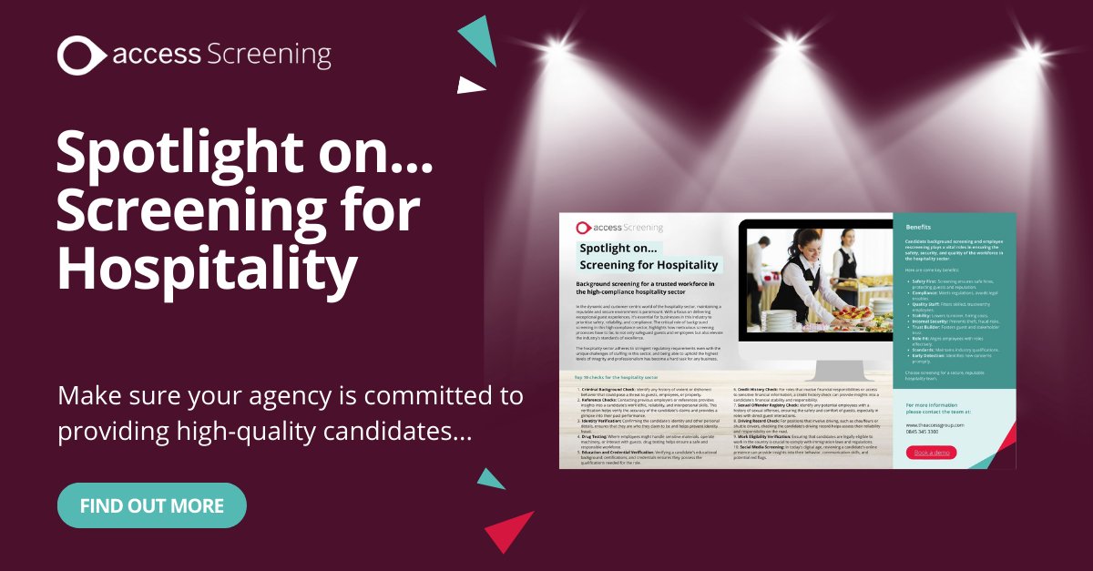 The critical role of background screening in the #hospitality sector highlights how meticulous screening needs to be 🧑‍🍳

That's where Access Screening comes in!

Download our Spotlight on...Hospitality to view the benefits 👇
ow.ly/y7A950Q2XrW

#Recruitment #Rectech