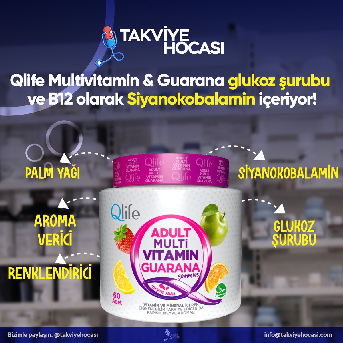 Qlife Multivitamin & Guarana takviye edici gıdaya ne yazık ki B12 vitamininin emilimi en kötü olan formu siyanokobalamin eklenmiş. B12 seviyenizin ideal olarak 500-800 pg/mL arası olması beklenir. 

Aynı zamanda üründe; parlatıcı olarak Karnauba Mumu ve Balmumu bulunuyor.