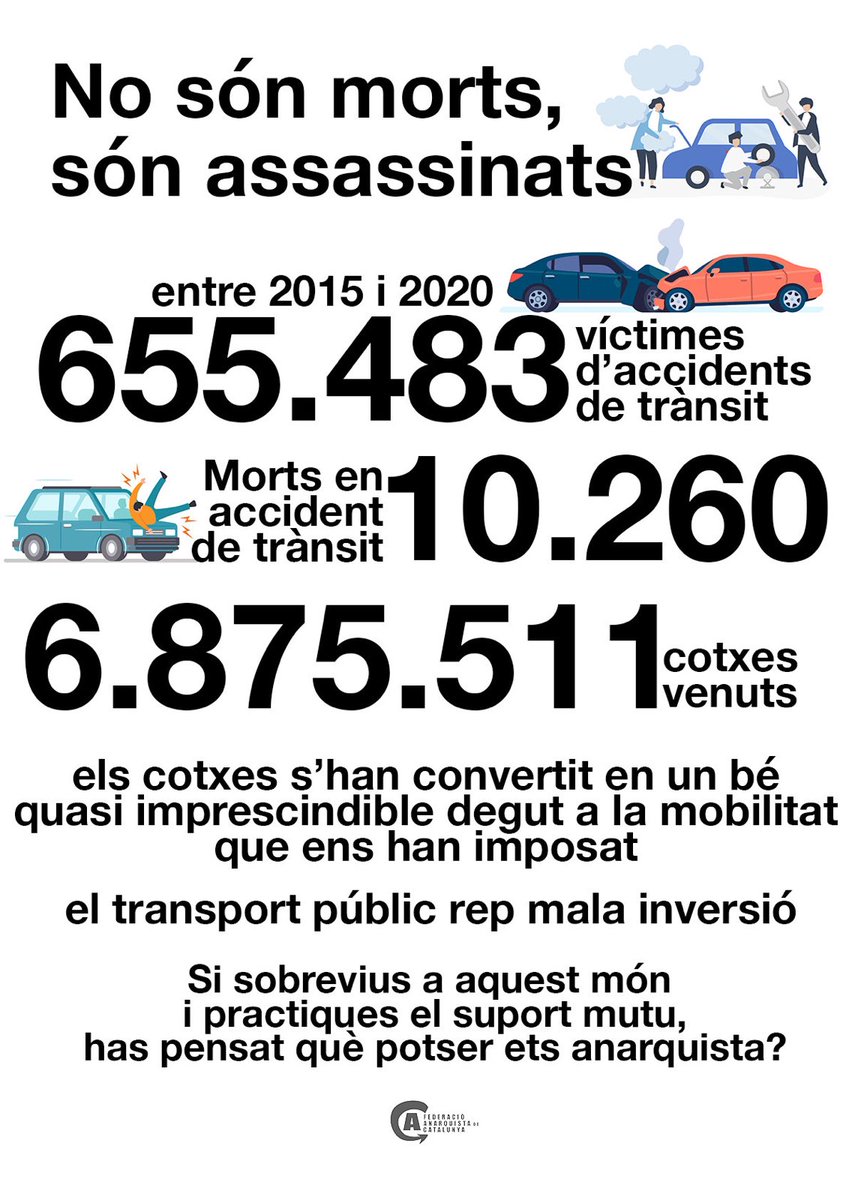 NO SÓN MORTS, SÓN ASSASSINATS 
Els cotxes s’han convertit en un bé quasi imprescindible degut a la mobilitat que ens han imposat. El mitjà públic rep mala inversió, fent-lo obsolet i creant males experiències per tal de rebutjar-lo. #suportmutu #solidaritat #elcapitalismemata