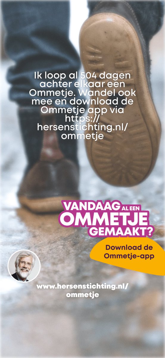 Ik loop al 504 dagen achter elkaar een Ommetje. Wandel ook mee en download de Ommetje app via hersenstichting.nl/ommetje