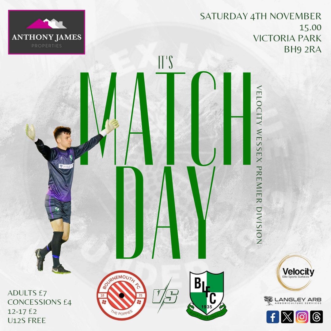 🚨 | 𝑰𝒕'𝒔 𝑴𝒂𝒕𝒄𝒉𝒅𝒂𝒚

*Subject 11am pitch inspection*

📆 Saturday 4th November
🏆 Velocity <a href="/WessexLeague/">Velocity Wessex League</a> Premier Division
🕒 15:00
🆚️ <a href="/O_BournemouthFC/">Bournemouth FC</a> 
🏟 Victoria Park
📍 BH9 2RA
📲 Socials Sponsor 💻anthonyjamesproperties.co.uk

#𝙐𝙥𝙏𝙝𝙚𝙒𝙖𝙩𝙚𝙧𝙨𝙞𝙙𝙚𝙧𝙨 🟩