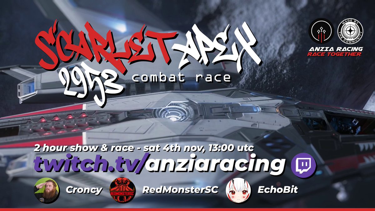 ANZIARacing's tweet photo. 🏁Witness the Championship Final of the Scarlet Apex 2953 combat race today in #StarCitizen where fully crewed hammerheads, turrets &amp; racers are distortion weapons enabled! 

🎦 13 UTC - Main Show w/ @Croncy1, @RedMonsterSC and @EchoBits 

https://t.co/l8XDVcAFrC https://t.co/V10nb5yDJH