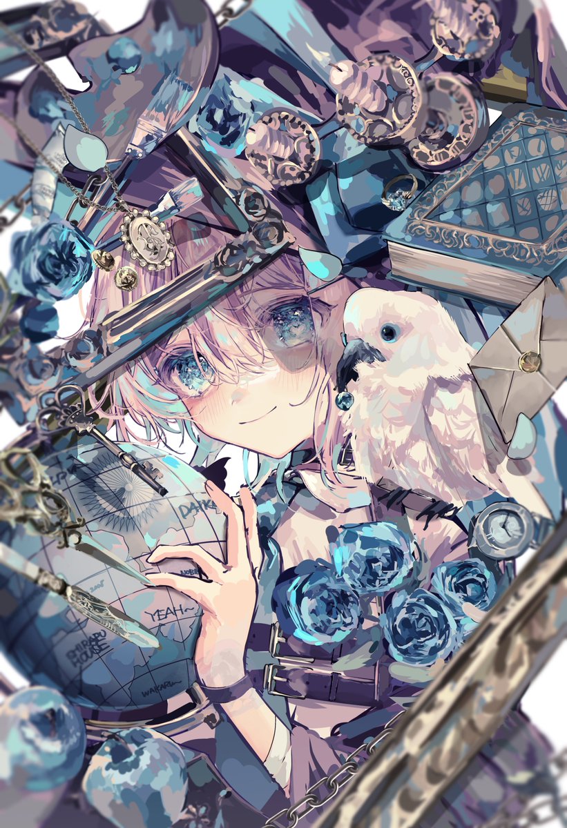 flower bird hat blue eyes solo rose smile  illustration images