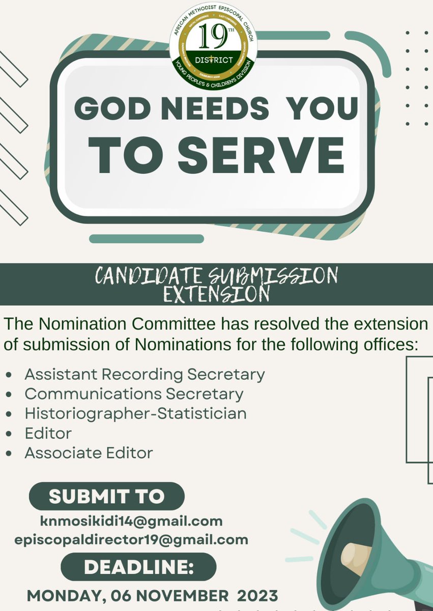 Ypd19th's tweet photo. Extension for the following candidate submissions:
Ass. Recording Sec
Communications Secretary 
Historiographer-Statistician
Editor of the YPD Newsletter 
Ass. Editor 

Closing date 06 November 2023 https://t.co/zocYyRlcJw
