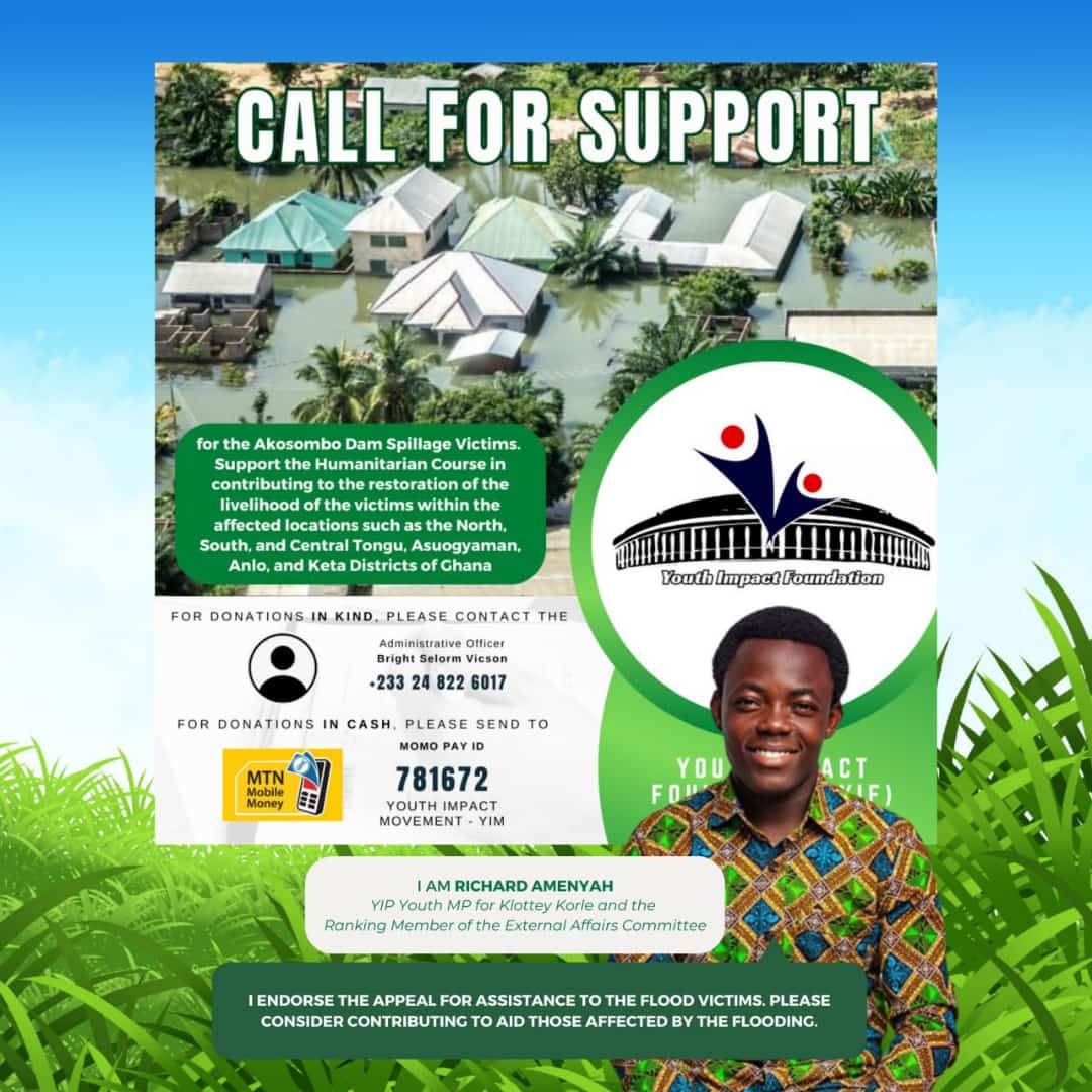 Support Akosombo Dam Victims: YIF Relief 🤝

Join Youth Impact Foundation (YIF) in aiding those affected by the Akosombo Dam spillage. We're reaching out to communities in need, including North, South, Central Tongu, Asuogyaman, Anlo, Keta, and more. 
#YouthImpactFoundation 
#YIP