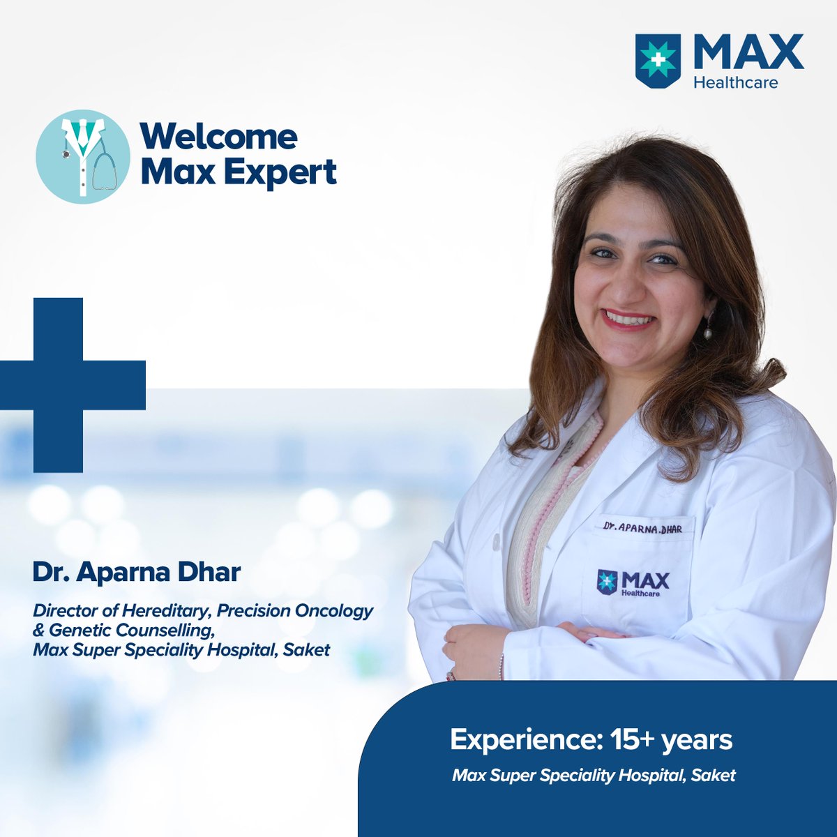 MaxHealthcare's tweet photo. Welcome to the Max family, Dr. Aparna Dhar. With over 15 years of mastery in Precision Oncology, Hereditary Cancer, and Genetic Counselling, she now embarks as the Director of Hereditary, Precision Oncology &amp; Genetic Counselling at Max Hospital, Saket, Delhi, India. https://t.co/Uqt7a7Bkhn