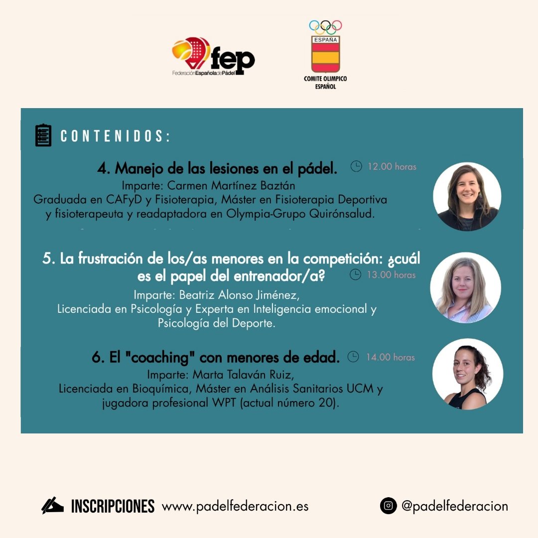 padelfederacion's tweet photo. #FormaciónFEP 

Curso "¡𝐏𝐫𝐞𝐜𝐚𝐮𝐜𝐢ó𝐧! 𝐌𝐞𝐧𝐨𝐫 𝐞𝐧 𝐩𝐞𝐫𝐢𝐨𝐝𝐨 𝐝𝐞 𝐟𝐨𝐫𝐦𝐚𝐜𝐢ó𝐧" FEP/ @COE_es 

👉🏽 Dirigido a técnicos/as con licencia FEP en vigor

🗓 23/11
💻 ZOOM
❗Gratuito
🖋 Plazas limitadas. Fin inscripción 21/11
 
ℹ https://t.co/UMoebGzHEs

#padelFEP https://t.co/6gNgAwztZf