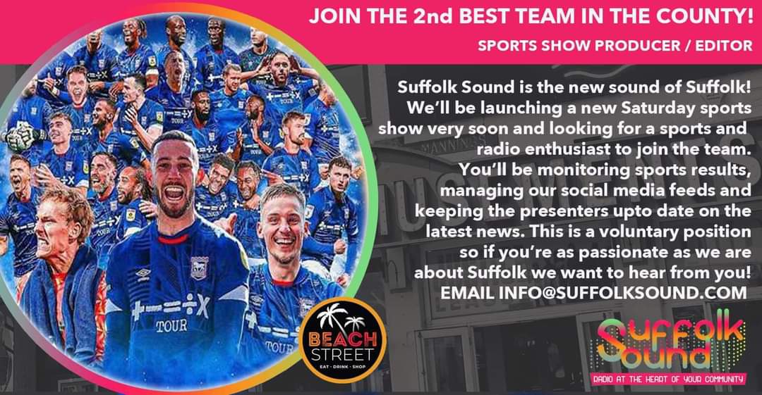 Join our team! 
Are you a sports fanatic, love radio and passionate about Suffolk?
We are launching a  Saturday Sports Show and are looking for a sports enthusiast to join the team as Producer and Editor. This is a voluntary position. Message for more info 📻👍
#RadioPresenter