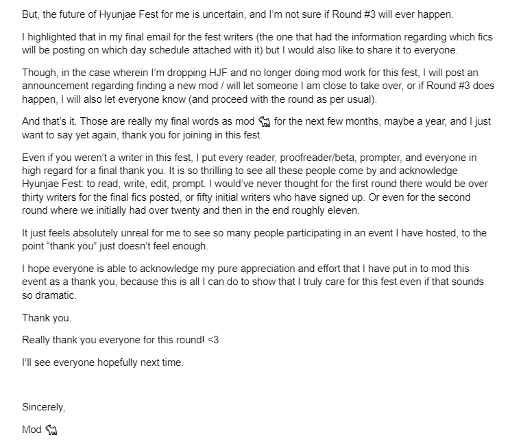 My final words for everyone as mod 🐐, reflecting on our past round, the future, and HJF as a total!

(GDocs link for those who can't read off the image: docs.google.com/document/d/141…)