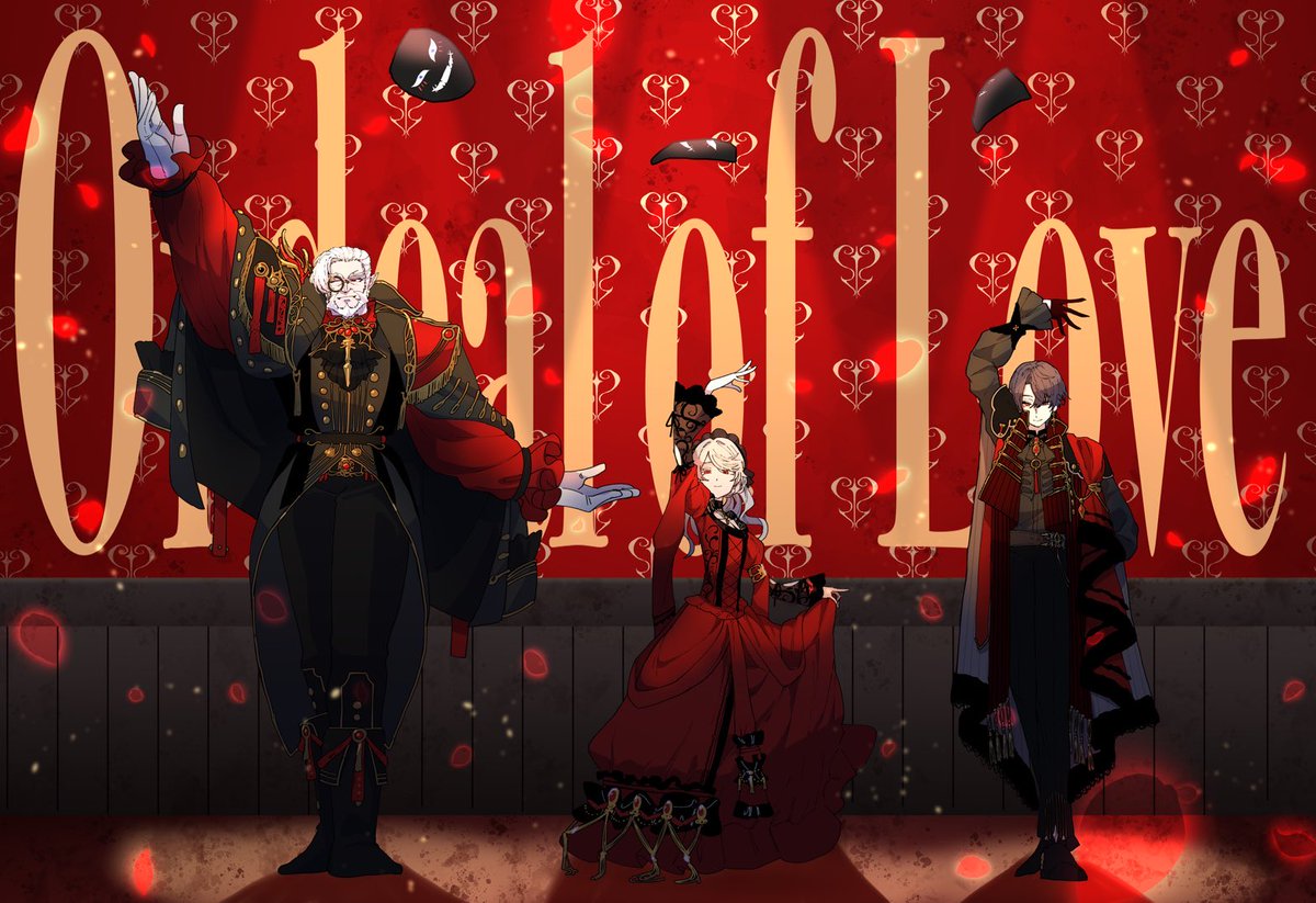 multiple boys 1girl dress gloves 2boys vampire red dress  illustration images