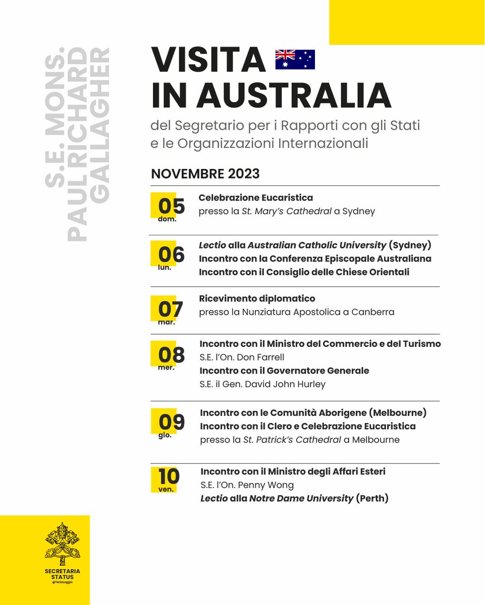 TerzaLoggia's tweet photo. S.E. Mons. Paul Richard Gallagher, Segretario per i Rapporti con gli Stati e le Organizzazioni Internazionali, sarà in visita in Australia dal 4 al 10 novembre 2023. https://t.co/QZ2sZN4I6V