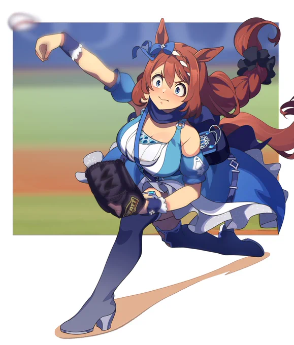 【本日18:30から日本シリーズ第6戦】イラストはバファローズの中継ぎ、山﨑颯一郎投手の投球フォームを真似するヒシアマゾンと宇田川優希投手の投球フォームを真似するスーパークリーク