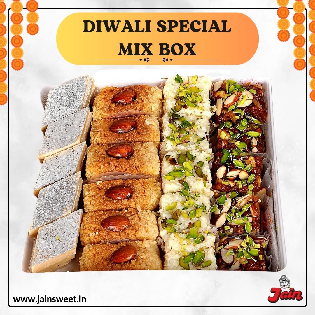 Celebrate the essence of Diwali with our special sweets mix box...
Jain sweets presenting 100+ varieties of sweets and snacks!!! 

#kajukatli #kandivali #diwaligifts #kandivalifood #laddoo  #mumbaifood #macrotechplanet #trending #mumbaifoodie #sweetsmile #mix #pistabarfi #zomato