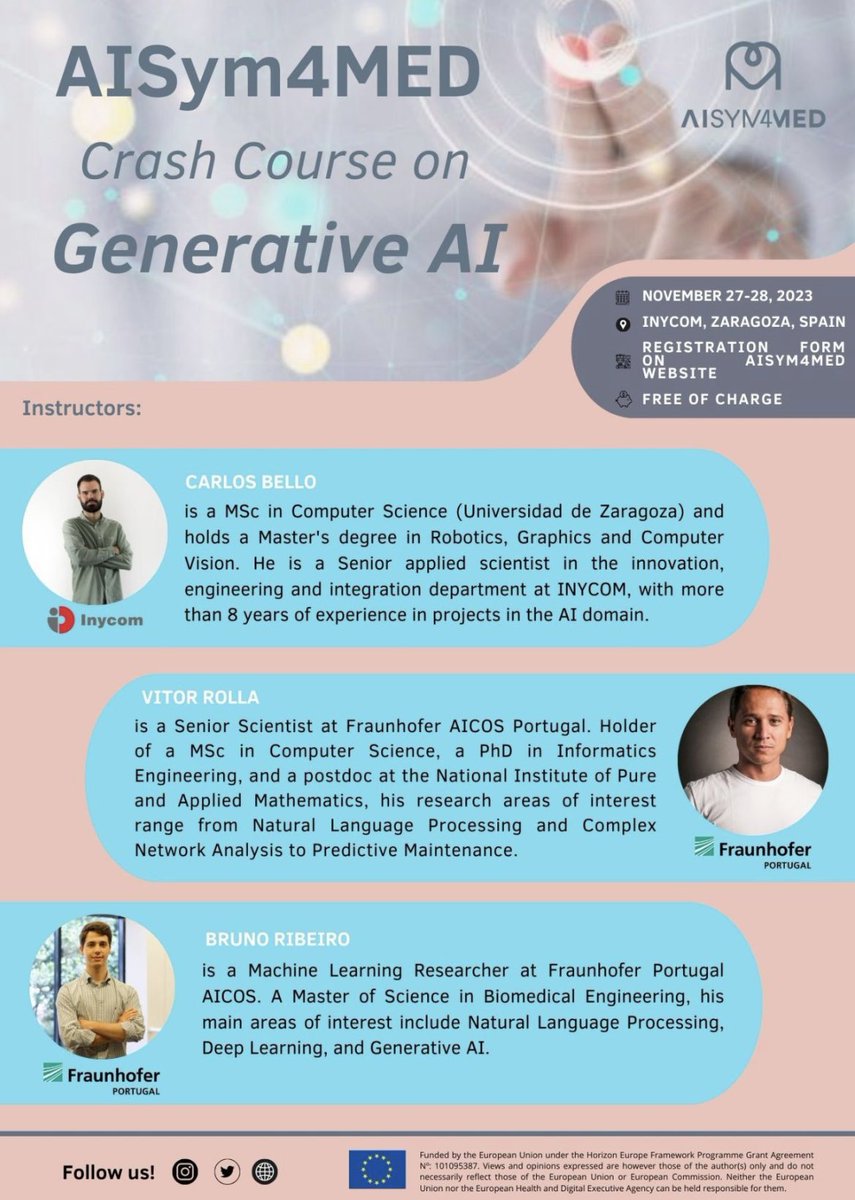 AISym4MED - Health Horizon Europe Project (@aisym4med) on Twitter photo Are you a #student or a #youngprofessional from the #STEM area? Do you want to know more about #GenerativeAI?
<a href="/aisym4med/">AISym4MED - Health Horizon Europe Project</a> has the right course for you!
📢 Ensure your spot by subscribing directly through the dedicated FORM on our website: aisym4med.eu ! 🔥 Are you a #student or a #youngprofessional from the #STEM area? Do you want to know more about #GenerativeAI?
<a href="/aisym4med/">AISym4MED - Health Horizon Europe Project</a> has the right course for you!
📢 Ensure your spot by subscribing directly through the dedicated FORM on our website: aisym4med.eu ! 🔥