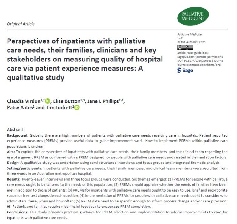 Patients with #palliative care needs and their families prefer a PREM tailored to their needs and that is easy to use, brief and offers the option for free text responses, #hpm #hapc buff.ly/3Qsi6tX