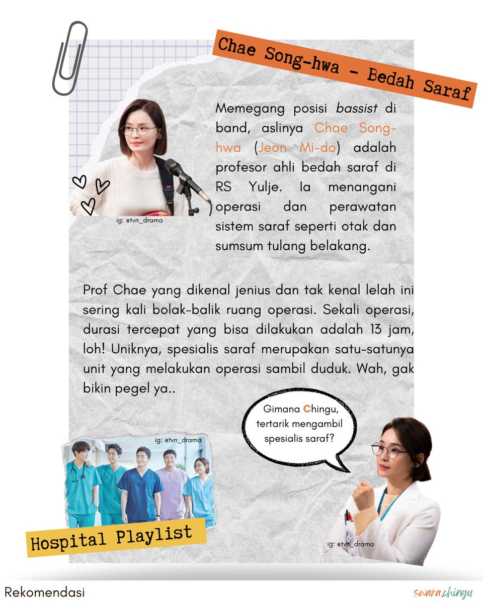 SwaraChingu's tweet photo. 2. Chae Song-hwa - Dokter Bedah Saraf (Hospital Playlist)

Memegang posisi bassist di band, aslinya Chae Song-hwa (Jeon Mi-do) adalah profesor ahlibedah saraf di RS Yulje. Ia menangani operasi dan perawatan sistem saraf seperti otak dansumsum tulang belakang. 

#hosplay https://t.co/aG6oOdrbJy