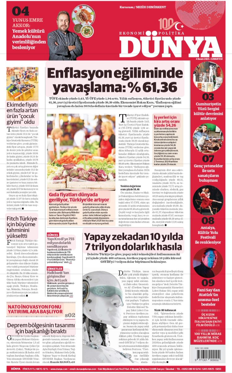 📌 #Enflasyon eğiliminde yavaşlama: %61.36

📌 Ekimde fiyatı en fazla artan ürün "çocuk giyimi" oldu

📌 Yapay zekadan 10 yıla 7 trilyon dolarlık hasıla  

Hepsi ve daha fazlası dunya.com'da.

#YapayZeka #enflasyon #ekonomi #gündem #cumartesi #dünyagazetesi