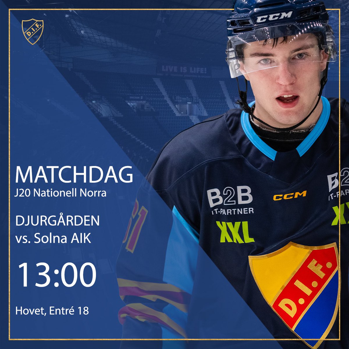 Hovet 13.00 är det derby mellan <a href="/DIFHockeyse/">Djurgården Hockey</a> J20 och ajk. Kom dit!

Använd entré 18.
Entrépris 30kr för alla från 16år, betala med kort eller swish.
Gratis entré under 16år.