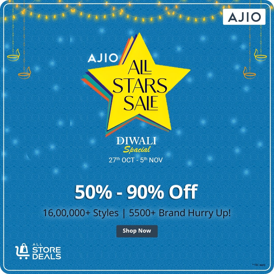 Ajio All Stars Sale is LIVE ✨ – Shop your heart out from October 27th to November 5th, 2023.
Click Here - bit.ly/3sjY8JH
DON’T MISS OUT! HURRY UP! 
#ajioallstarssale #fashionbiggeststars #ajiolove #allstoredeals #brands #fashionfiesta #diwalidelights #shoppingonline