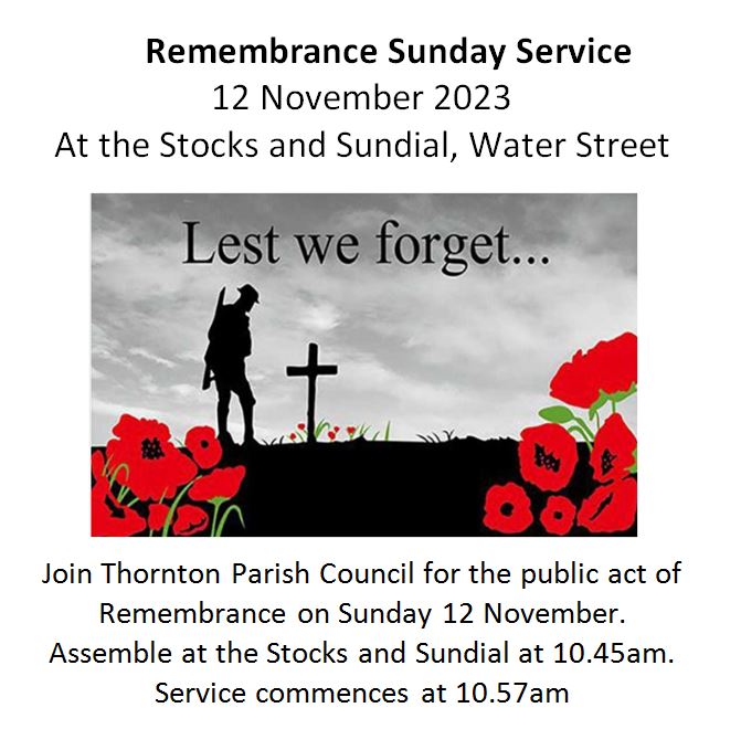 ThorntonCouncil's tweet photo. Join us to commemorate Remembrance Sunday, recognising the service of the Armed Forces and those who lost their lives in war. https://t.co/0wXaBvG7Ku