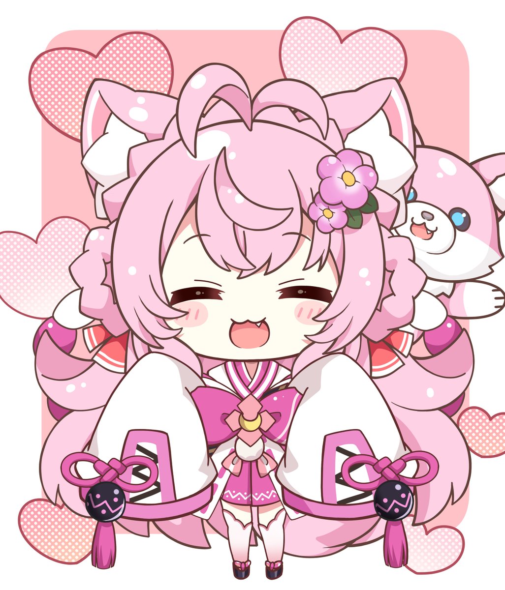 hakui koyori 1girl animal ears pink hair hair ornament chibi fang hair flower  illustration images